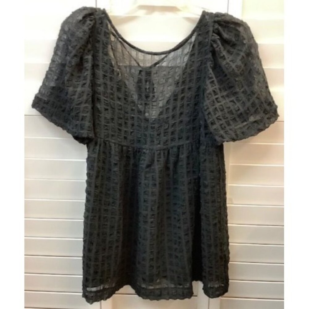 Urban‎ Outfitters S-P Black Textured Puff Sleeve Blouse With Tie Neckline